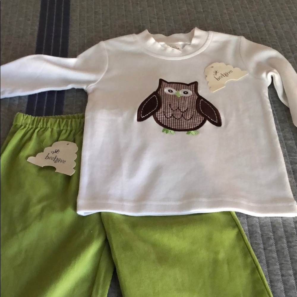 Owl outfit with corduroy pants.